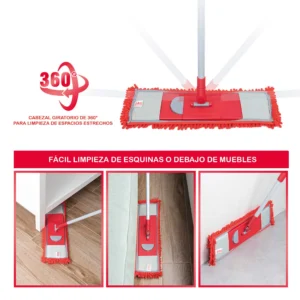 Trapero mopa de microfibra con cabezal giratorio 360° para limpieza fácil de esquinas y debajo de muebles.