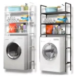 Estante organizador para lavadora y baño, mueble de alta capacidad con lavadora blanca al frente.