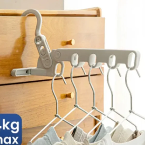 Colgador de ropa multifuncional 5 en 1 gris plegable para secado de prendas.