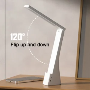 Lámpara de escritorio LED recargable con brazo abatible 120°, ideal para estudiar o trabajar.