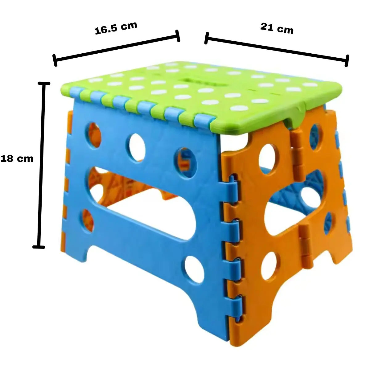 Taburete mini plegable para niños: Silla pequeña naranja, azul y verde, 18cm alto, 16.5cm y 21cm ancho.
