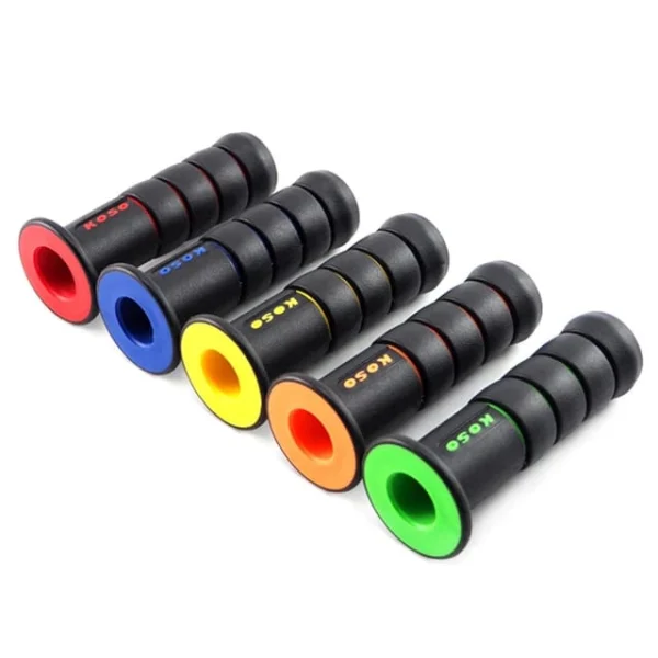 Grips de manillar racing para moto Koso en 5 colores vibrantes: rojo, azul, amarillo, naranja y verde.