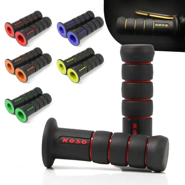 Puños racing Koso para moto, grips de manillar en colores rojo, azul, naranja, amarillo y verde.