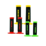 Puños racing Koso para moto en rojo, verde y amarillo con base negra y logo.