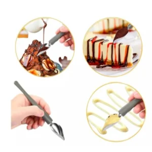 Cuchara para decorar pasteles con chocolate y salsas, ideal para repostería creativa.