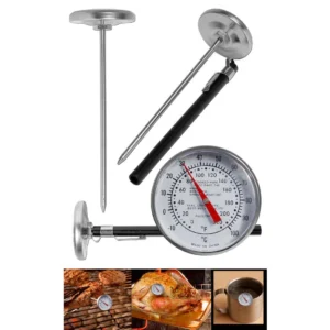 Termómetro bimetálico de bolsillo para carnes, con dial redondo y punzón largo, ideal para cocina y barbacoa.