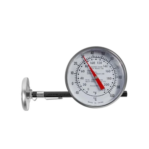 Termómetro bimetálico de bolsillo para carnes, con escala en °F y °C.