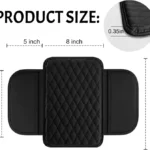 Funda de cojín para reposabrazos de carro en cuero negro acolchado, con medidas detalladas.