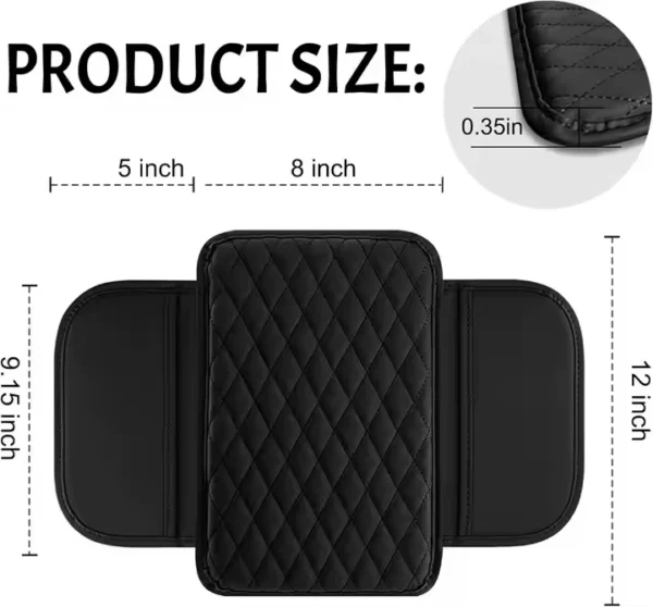 Funda de cojín para reposabrazos de carro en cuero negro acolchado, con medidas detalladas.