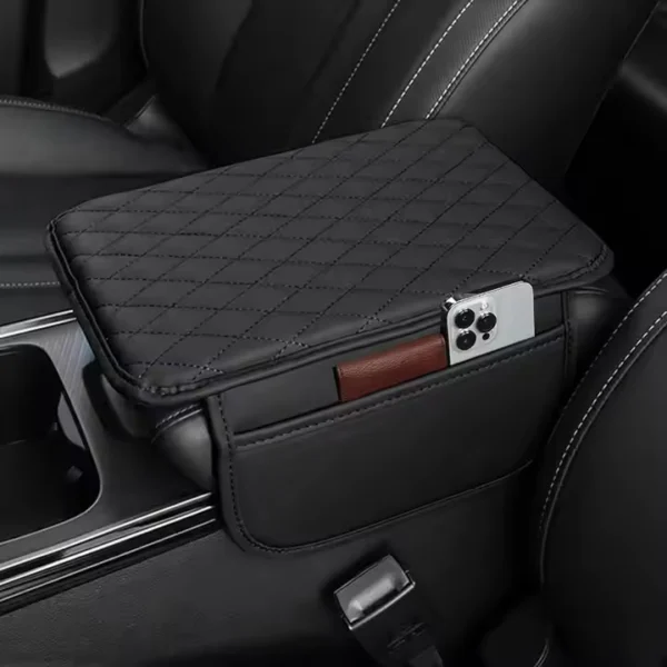 Funda cojín reposabrazos carro negro acolchado con porta celular y organizador.