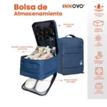 Bolso organizador de viaje azul para zapatos y accesorios, con compartimentos internos y diseño funcional.