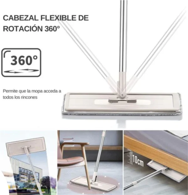 Trapero mopa plano con escurridor, cabezal flexible 360°, ideal para esquinas y debajo de muebles.