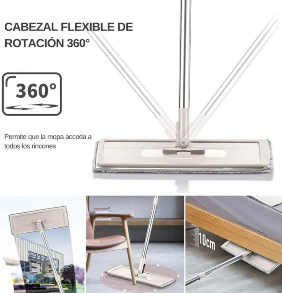 Trapero mopa plano con escurridor, cabezal flexible 360°, ideal para esquinas y debajo de muebles.