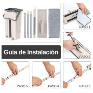 Trapero mopa plano con cubo escurridor y guía de instalación: pasos para armar.
