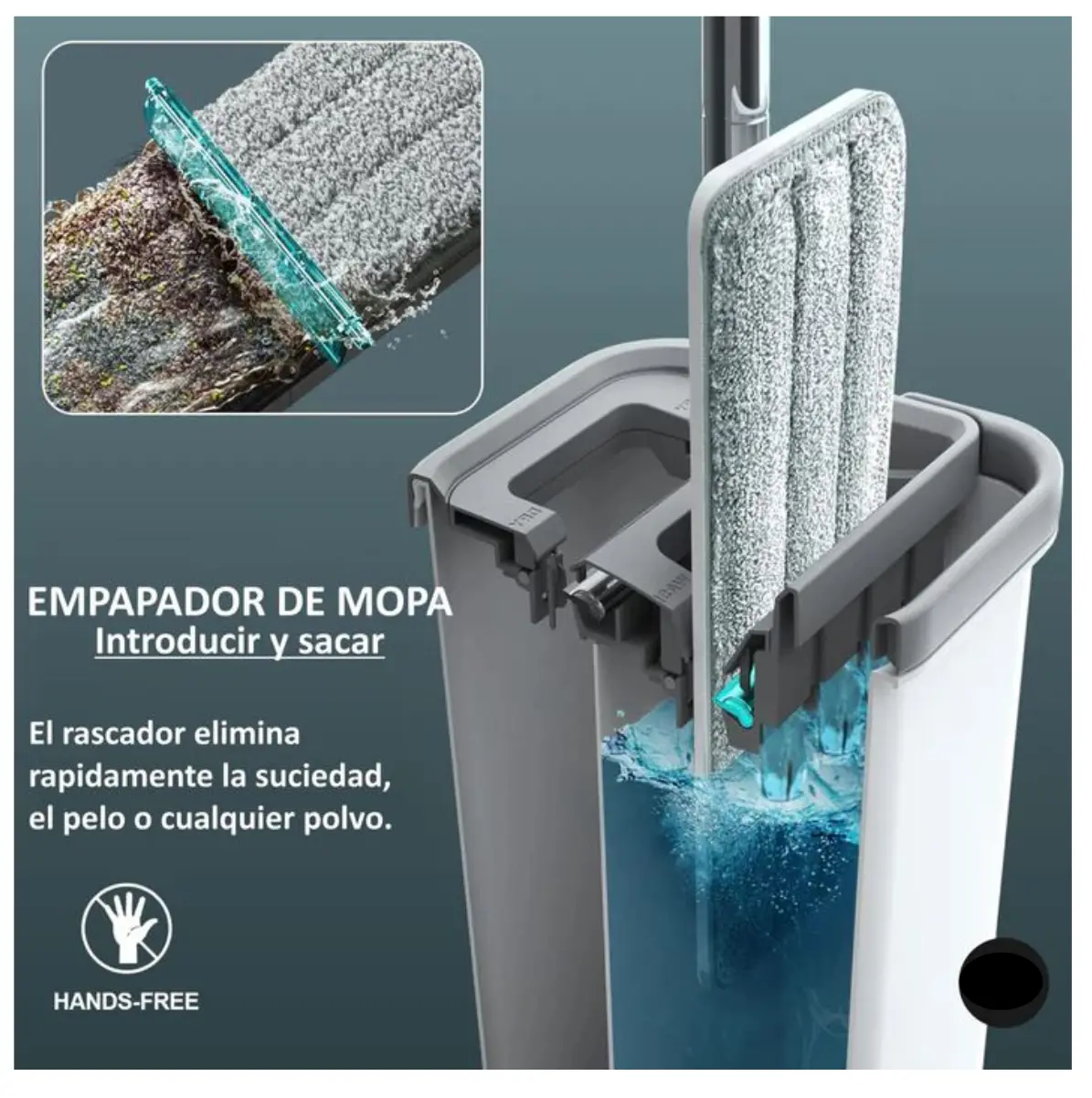 Trapero mopa plano con cubo escurridor y rascador para suciedad y pelo.