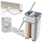 Trapero mopa plano con cubo escurridor, ideal para limpieza de pisos, diseño moderno y funcional.