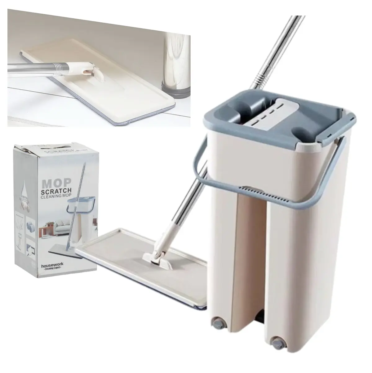 Trapero mopa plano con cubo escurridor, ideal para limpieza de pisos, diseño moderno y funcional.