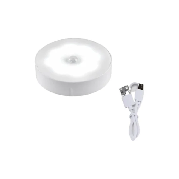 Lámpara LED blanca con sensor de movimiento, portátil y recargable con cable USB incluido.