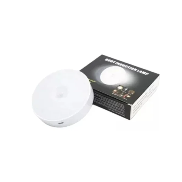 Lámpara LED circular blanca con sensor de movimiento, ideal para exteriores.