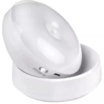 Lámpara LED con sensor, rotación 360°, recargable, con interruptor lateral y puerto USB.