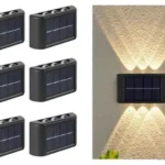 Aplique solar de 6 LEDs para exteriores, luz cálida, carga solar, ideal para jardines.