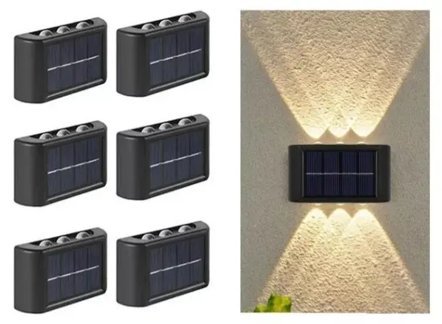 Aplique solar de 6 LEDs para exteriores, luz cálida, carga solar, ideal para jardines.