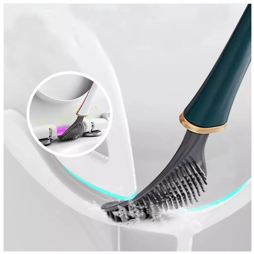 Escobilla de silicona flexible para limpieza profunda del inodoro, color gris y verde.