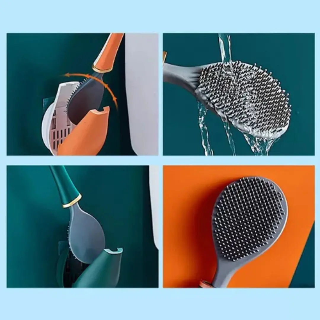 Escobilla de silicona gris y naranja para limpieza de baño, con mango y cerdas flexibles.