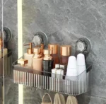 Organizador Eg-4 con ganchos para baño, repisa transparente con botellas y accesorios.