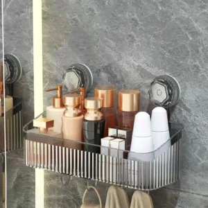 Organizador Eg-4 con ganchos para baño, repisa transparente con botellas y accesorios.