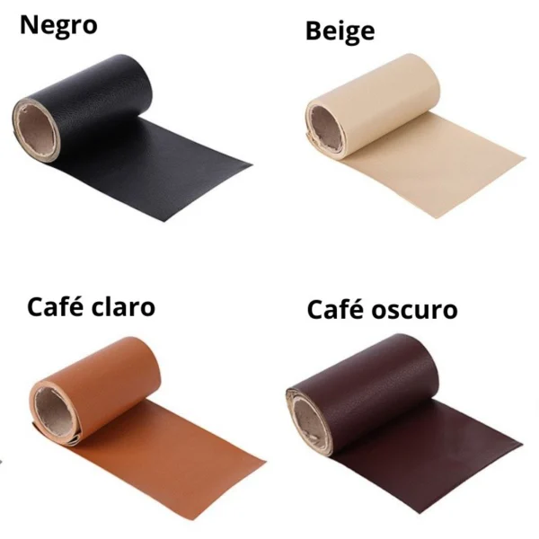 Rollo de cuero autoadhesivo para reparación en negro, beige, café claro y café oscuro.