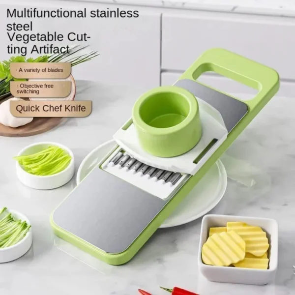 Picatodo multifuncional de acero inoxidable para cortar vegetales, con varios cuchillos intercambiables.