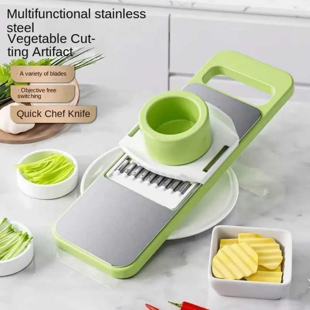 Picatodo multifuncional de acero inoxidable para cortar vegetales, con varios cuchillos intercambiables.
