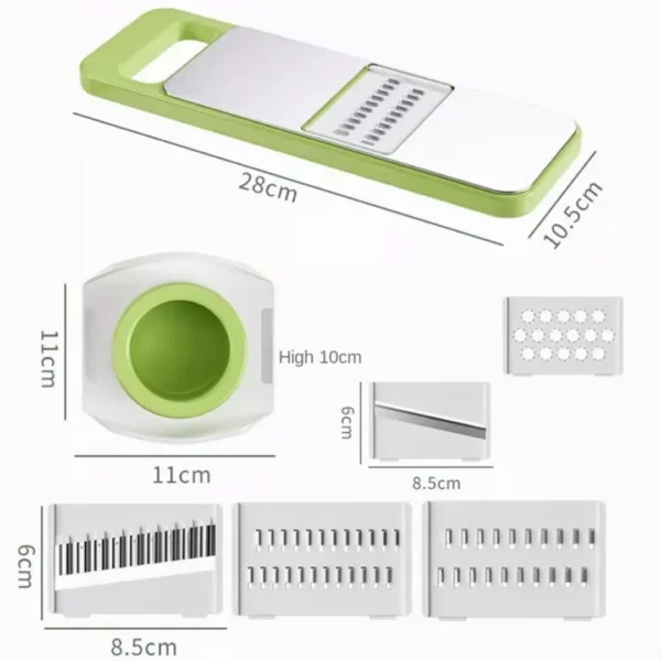 Picatodo verde con accesorios y medidas, ideal para picar y rallar vegetales.