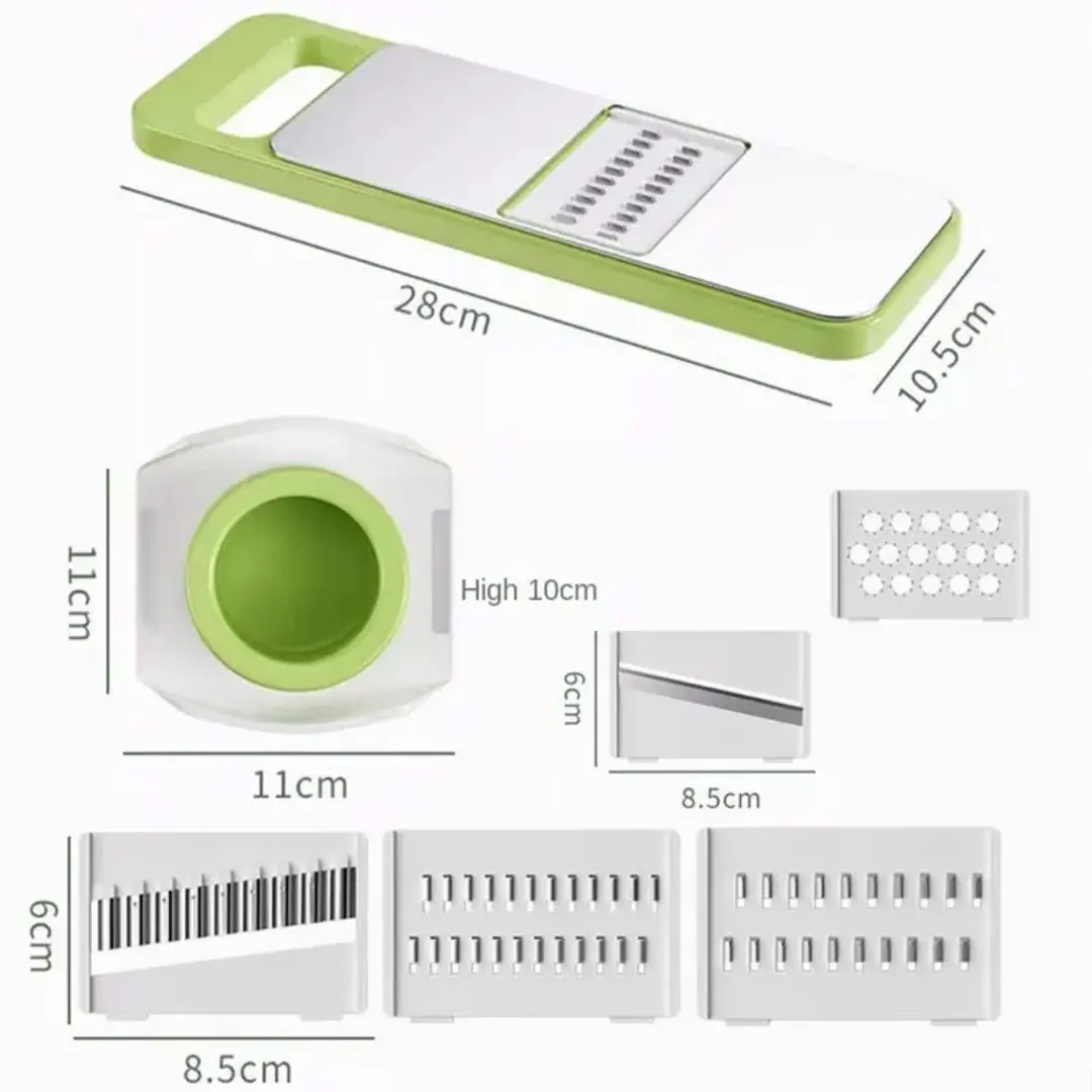 Picatodo verde con accesorios y medidas, ideal para picar y rallar vegetales.