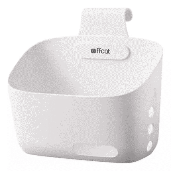Cesta colgante blanca "offcat" con gancho, ideal para organizar espacios.