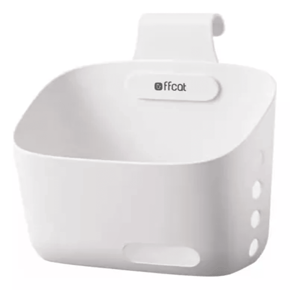 Cesta colgante blanca "offcat" con gancho, ideal para organizar espacios.
