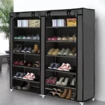 Organizador de zapatos cubierto de 2 módulos con múltiples estantes y diversos tipos de calzado.