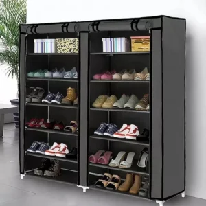 Organizador de zapatos cubierto de 2 módulos con múltiples estantes y diversos tipos de calzado.