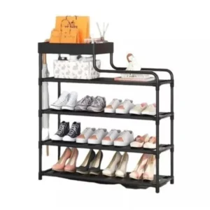 Organizador multifuncional de 4 niveles con zapatos y accesorios en estantes.