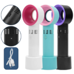Ventilador sin aspas portátil, blanco, azul y negro, con detalle de carga USB.