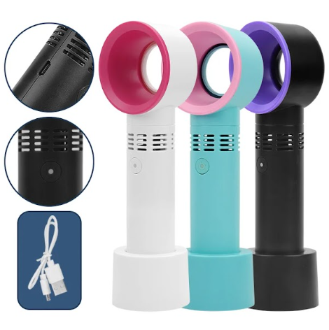 Ventilador sin aspas portátil, blanco, azul y negro, con detalle de carga USB.
