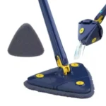 Trapero de triángulo autoescurrido con mango azul y amarillo, y accesorio de esponja.