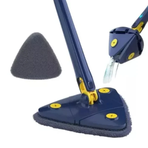 Trapero de triángulo autoescurrido con mango azul y amarillo, y accesorio de esponja.