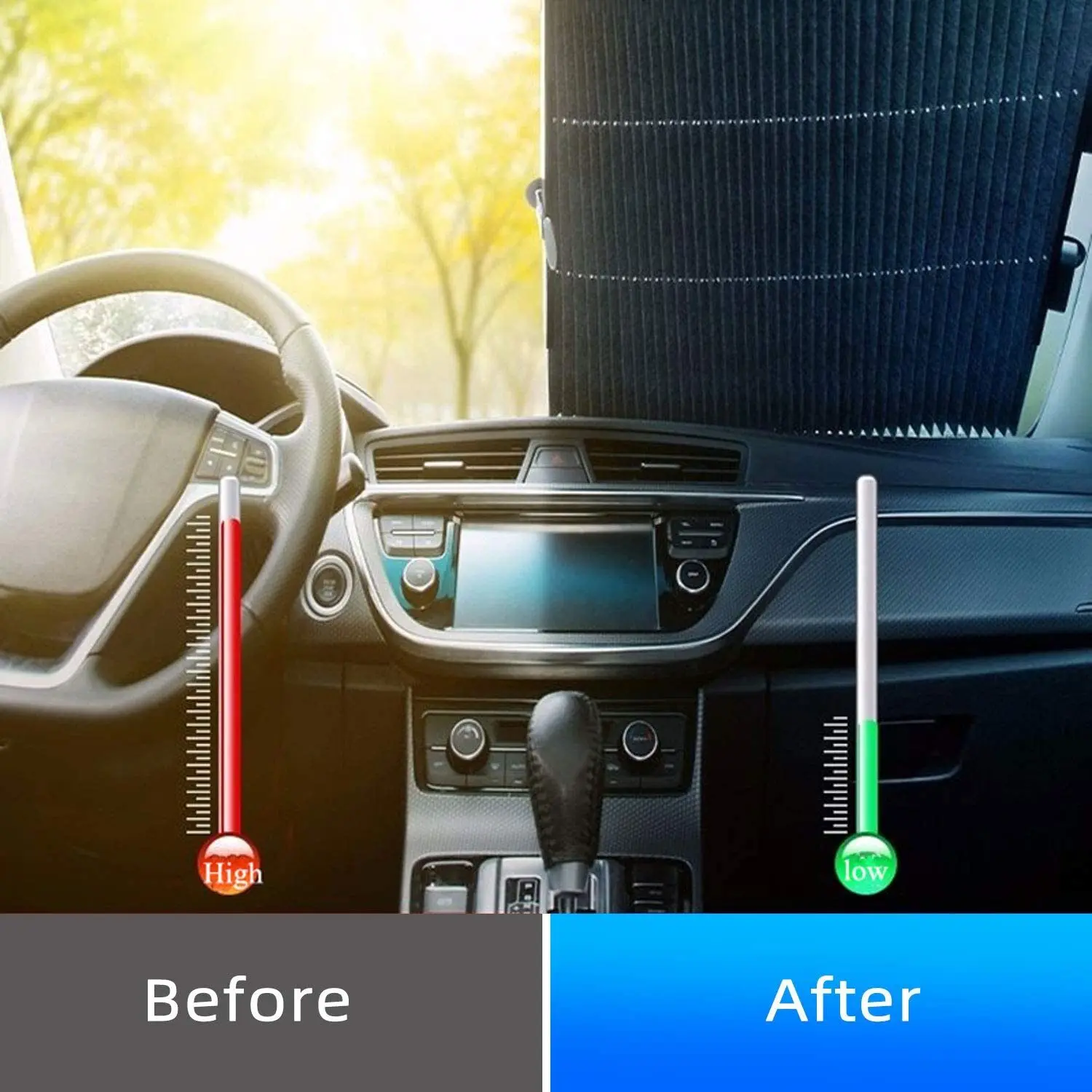 Parasol retráctil para carro: reduce temperatura interior del coche antes y después.