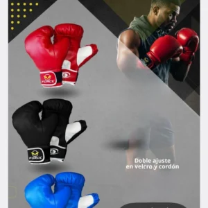 Guantes de boxeo Force, rojos, negros y azules, ajuste velcro y cordón.