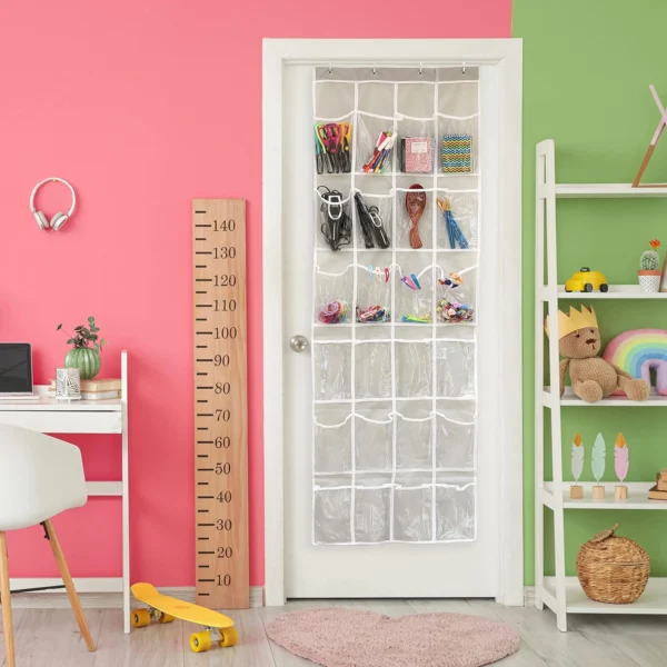 Organizador colgante de 24 bolsillos para zapatos, juguetes, suministros escolares, puerta blanca.