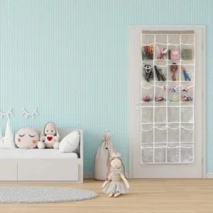 Organizador de zapatos colgante de 24 compartimentos para colgar en la puerta con artículos de papelería y accesorios.