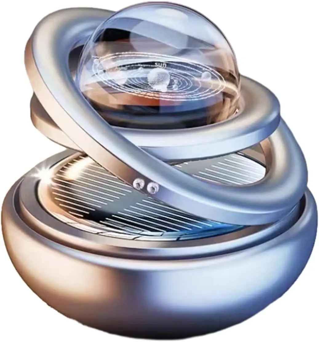 Ambientador solar doble anillo giratorio con sistema planetario en esfera de cristal.