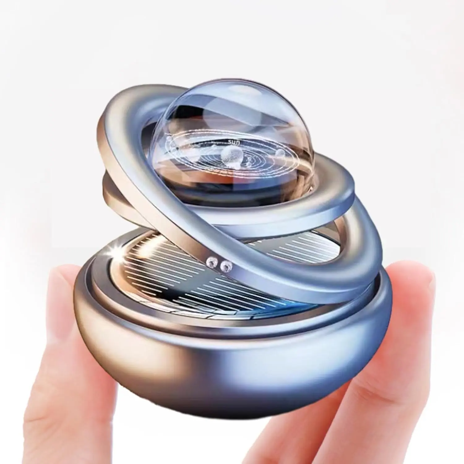 Ambientador solar doble anillo giratorio, modelo del sistema solar en domo de cristal.